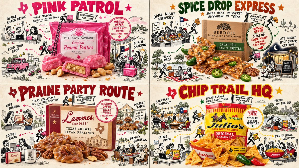 2x2 grid, 16:9, do this for 4 underrated real Texan snack... - @Gdgtify