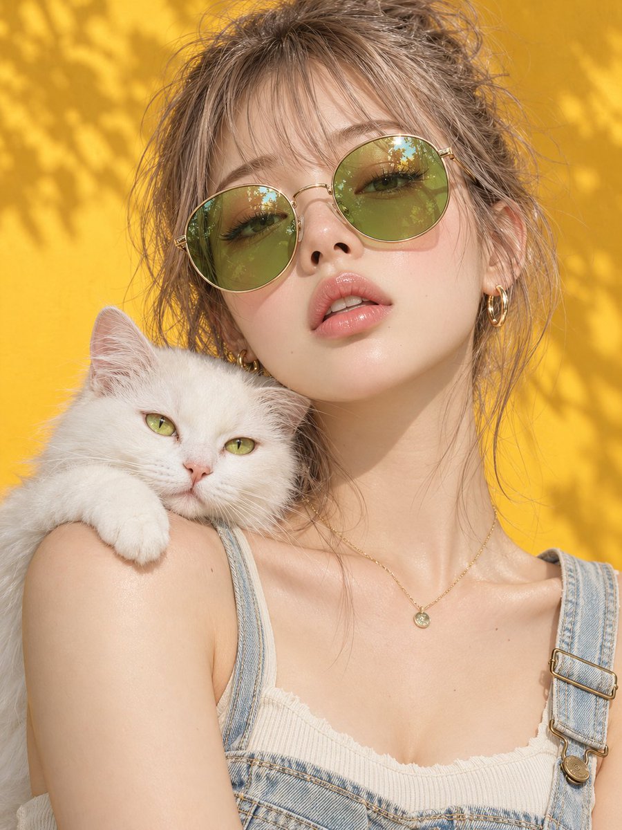 20代の成人女性。鮮やかな黄色い壁の前の肩上のポートレート。顔を少し上げて右に傾け、白猫を画面左の肩に乗せる。 - @CyberTotal2026
